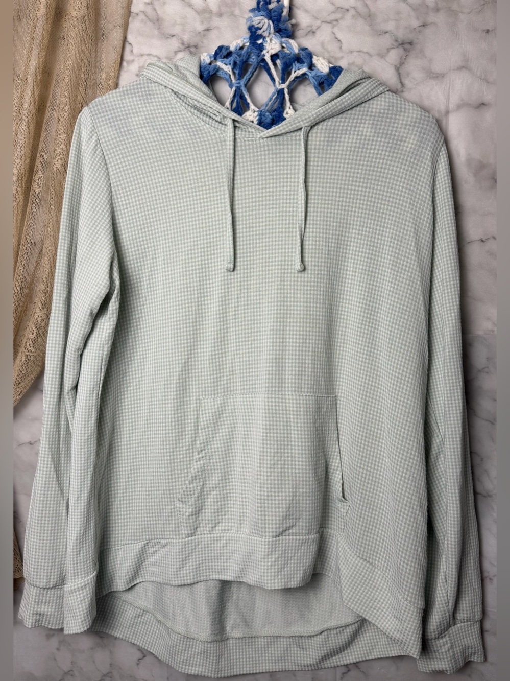 Light Mint Microcheck Ultralight Weight Drawstring Hoodie Cottagecore Cozy L